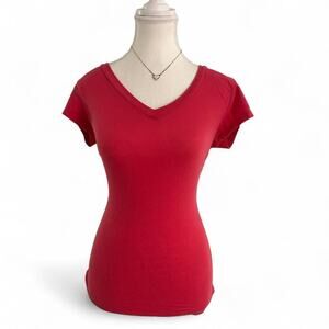 XXI 2000s Vintage Pink Fitted V Neck 95% Cotton Full Length Short Sleeve Top